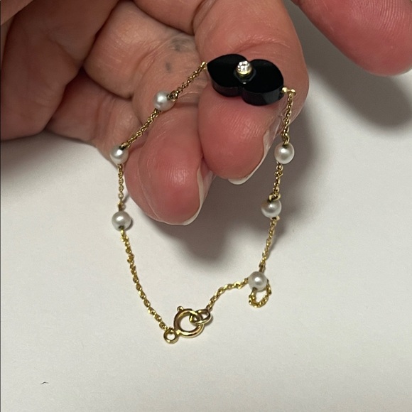 14K Gold + Black Onyx w/ double-sided Diamonds on stationed Pearl chain bracelet - Picture 4 of 14